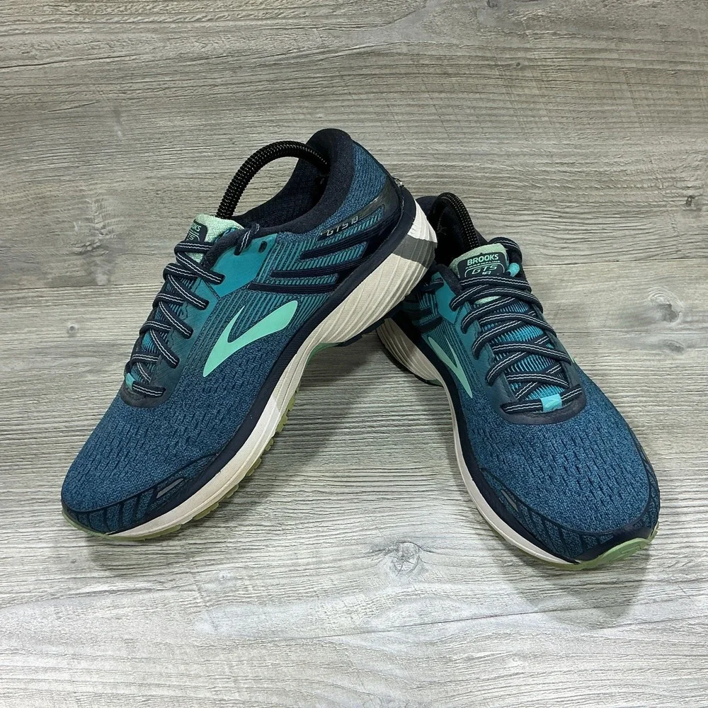 Brooks Adrenaline GTS 18 Womens Size 9.5B Teal Blue Lace-Up Sneakers 1202681B495